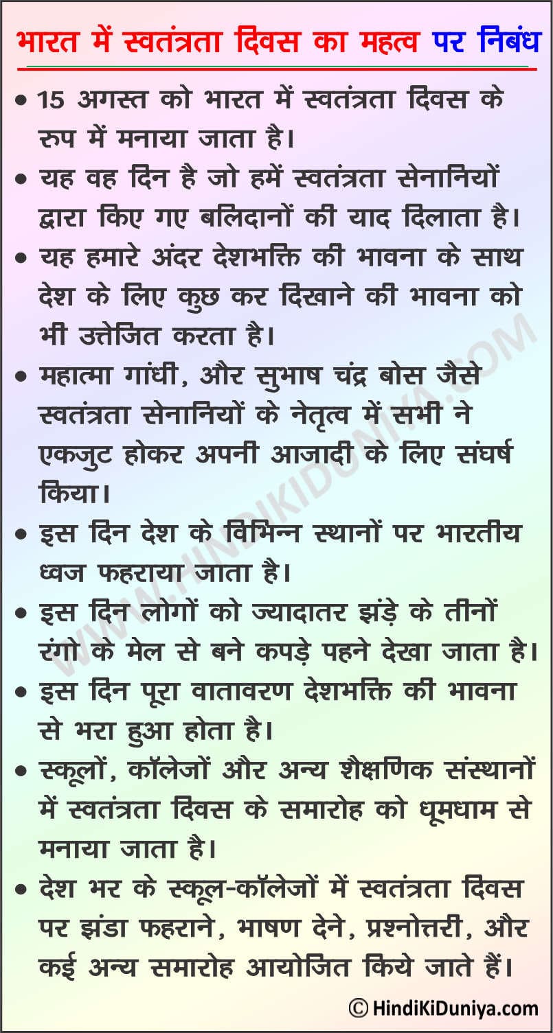 Essay on Importance of Independence Day in India in Hindi